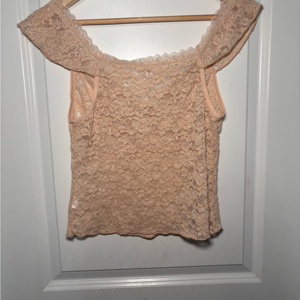 Free People Style Nude Lace Off Shoulder Top | Romantic Boho Coquette Going Out - Picture 6 of 6